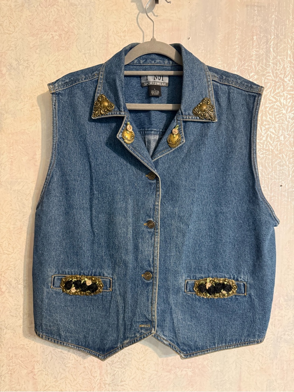 Y Not Western, Cottagecore, Adjustable Strap, Embellished Blue Denim Vest, Sz Lg